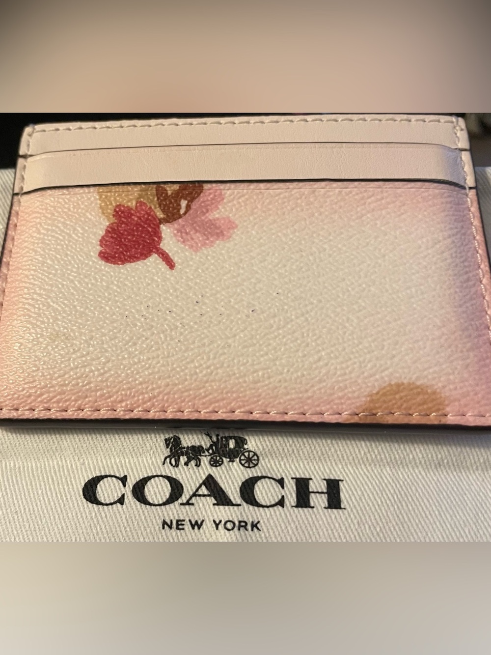 COACH Pink Floral Leather Card Holder with Gold Logo - Picture 2 of 4
